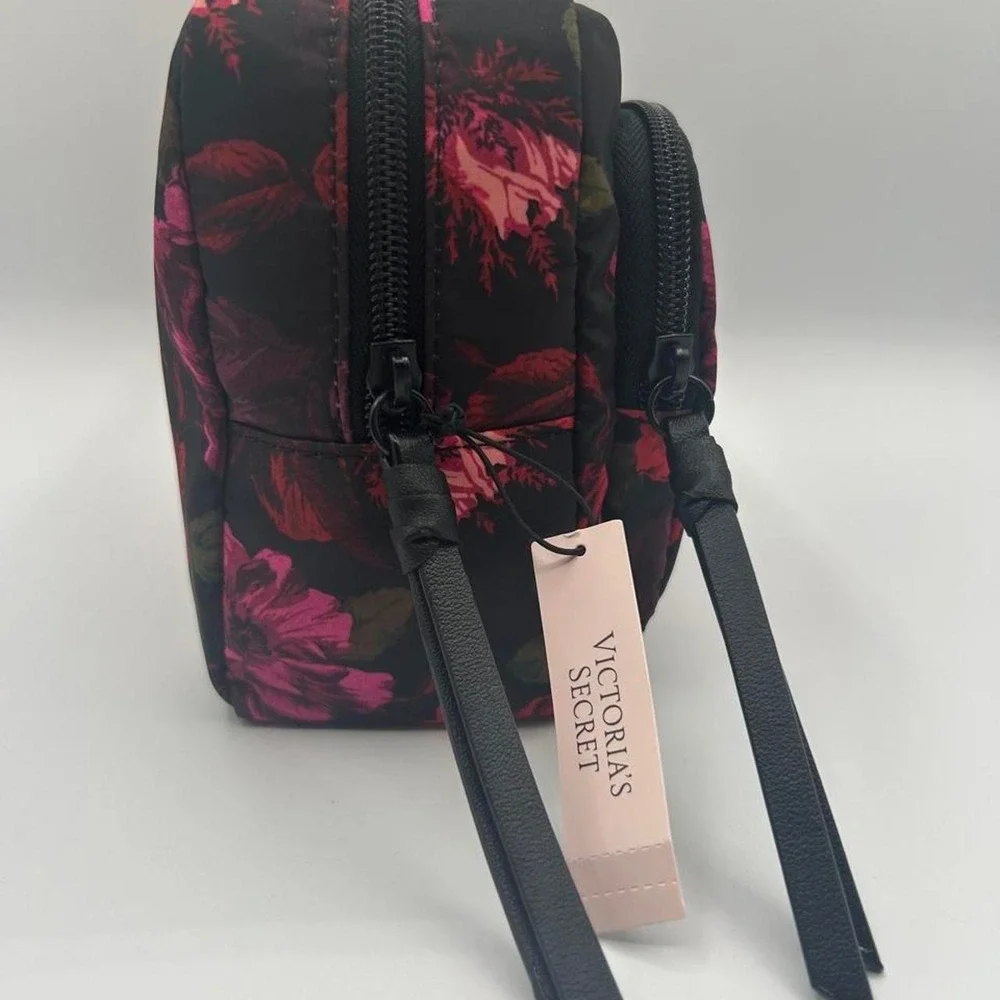 Victoria's Secret Dark Floral Double Zip Cosmetic Bag Travel Pouch NWT